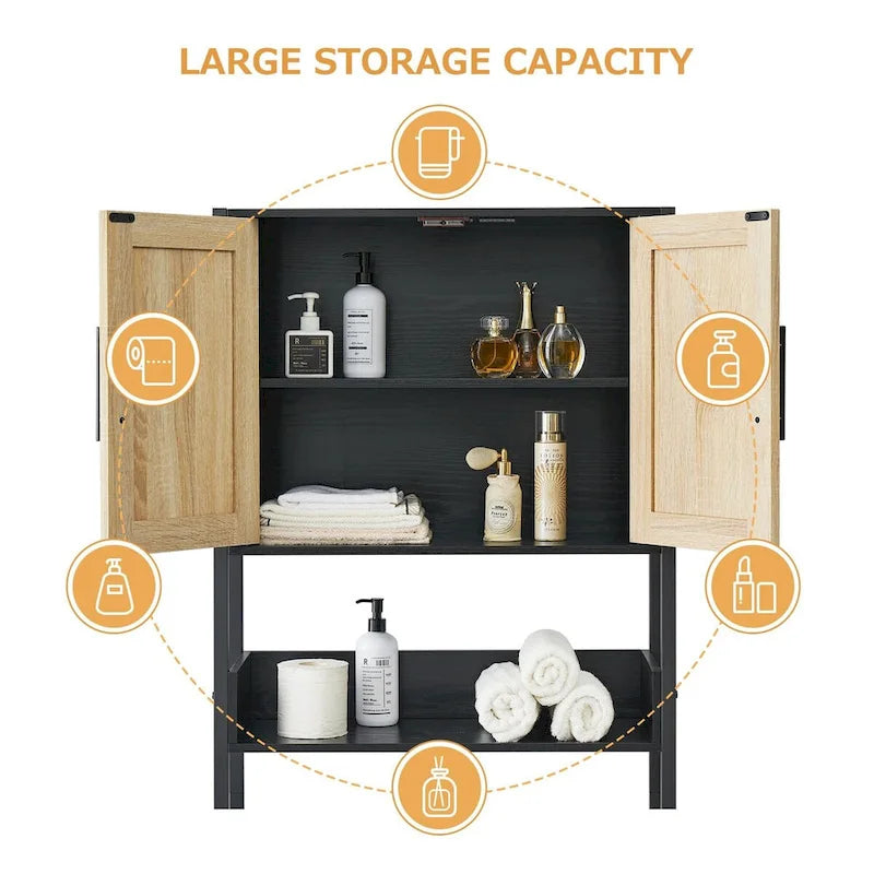Meuble de Rangement Sur Pied WC avec Porte en Rotin