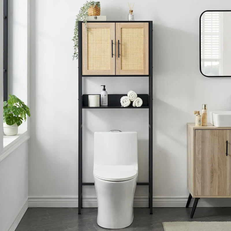 Meuble de Rangement Sur Pied WC avec Porte en Rotin