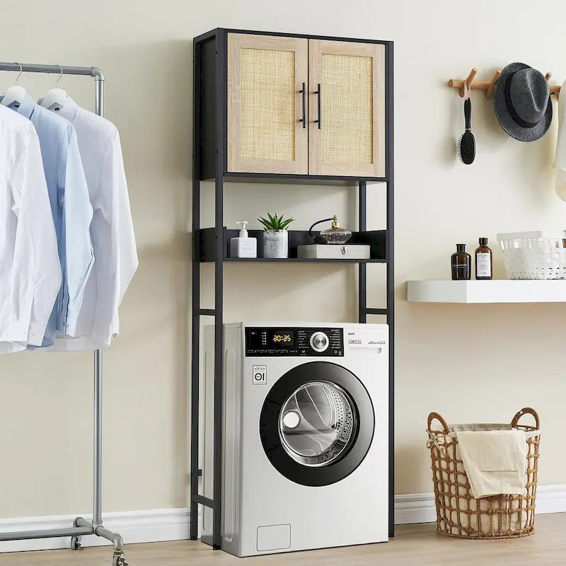 Meuble de Rangement Sur Pied WC avec Porte en Rotin